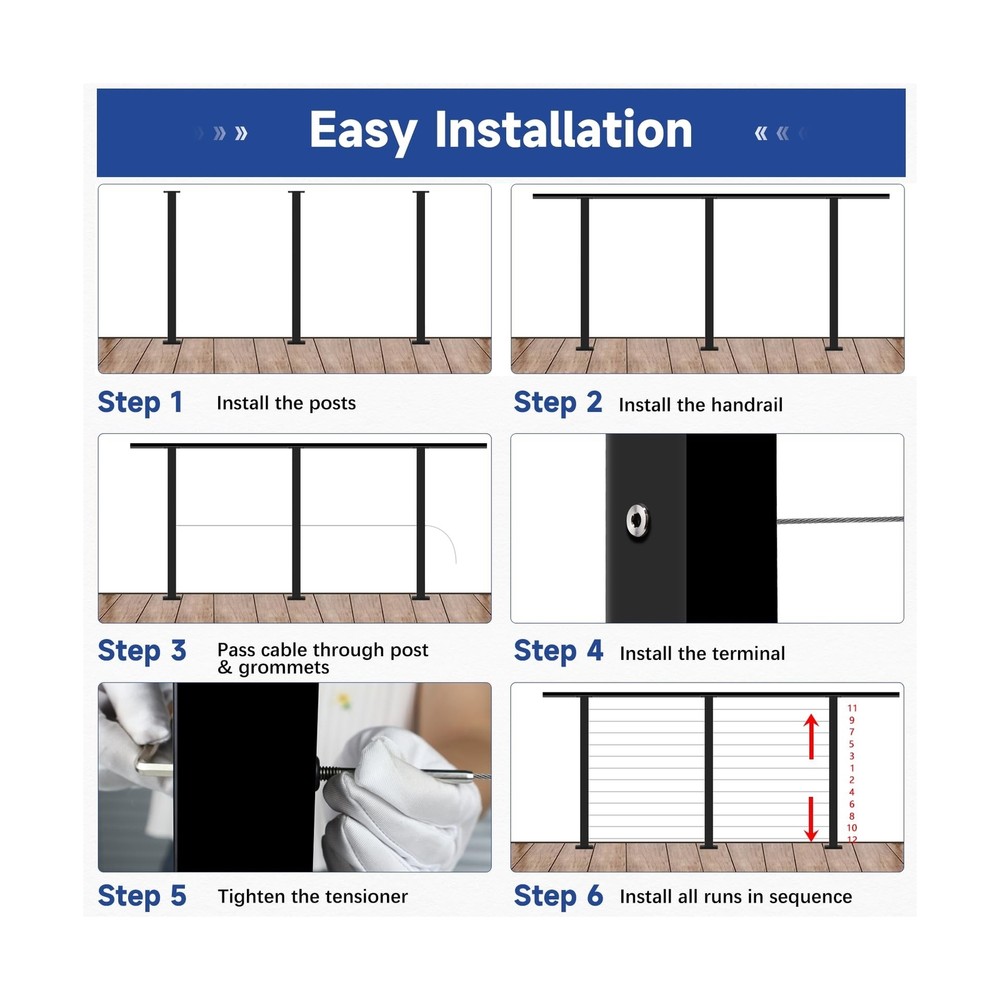 42" One-Stop Cable Railing Post Kits, 5 Pack Fixed Top Level Drilled Line Pos...