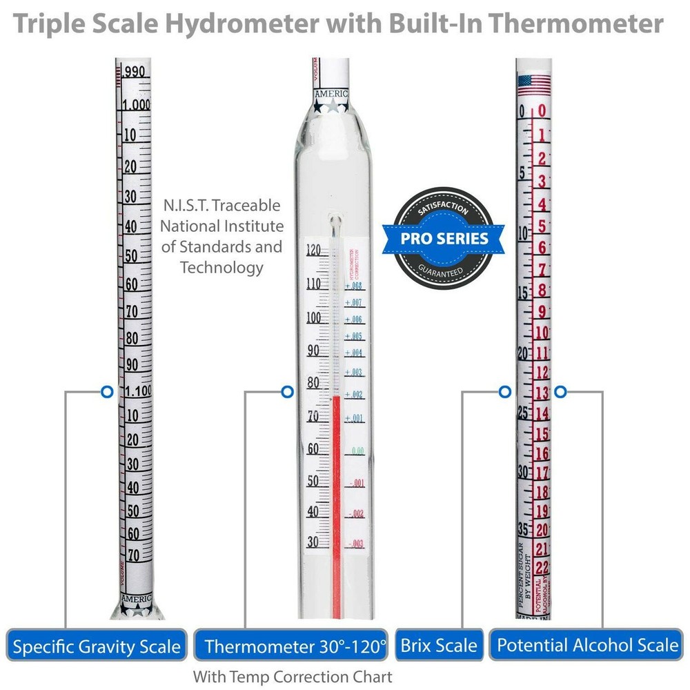 Thermo-Hydrometer ABV Tester Triple Scale - Pro Series American-made Specific...