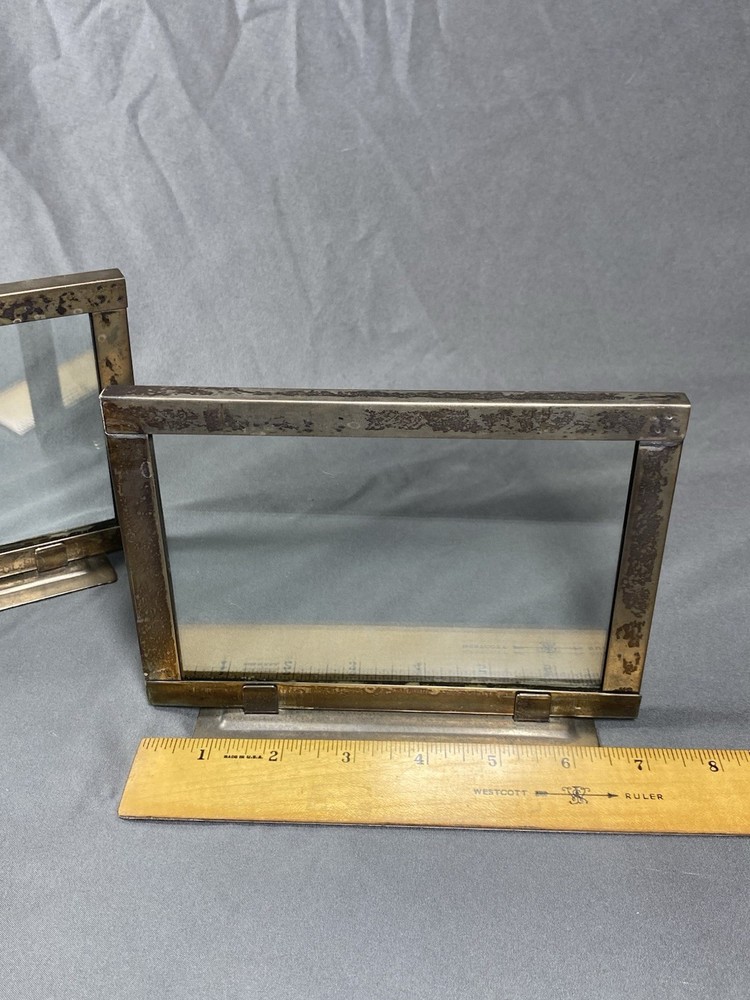2 Vintage Silver Plated Framed Glass Rectangular Standing Picture Frames 5x7”