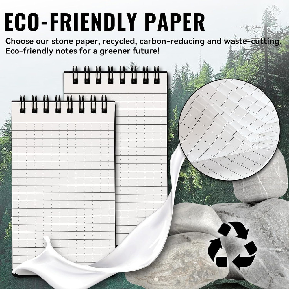 4 Pack Waterproof Notebook, 3" x 5" Top-Spiral Pocket Notepad with 100 Squared P