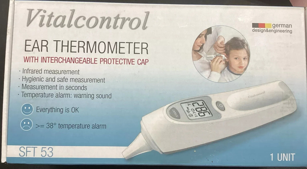 VitalControl SFT53: Ear Thermometer w/ Interchangeable Protective Cap - White