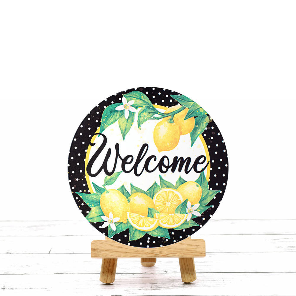 Spring Welcome Lemons with Black and White Polka Dot Background Sign