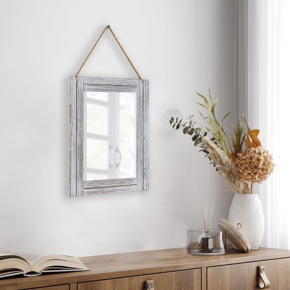 12 x 16 in Wall Decorative Mirror, Rustic Wood Frame Rectangular Mirror with ...