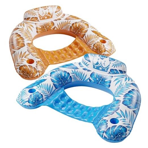 Inflatable Pool Float Chair - 2 Pack Pool Floaties Large TropicalBlue+Gold