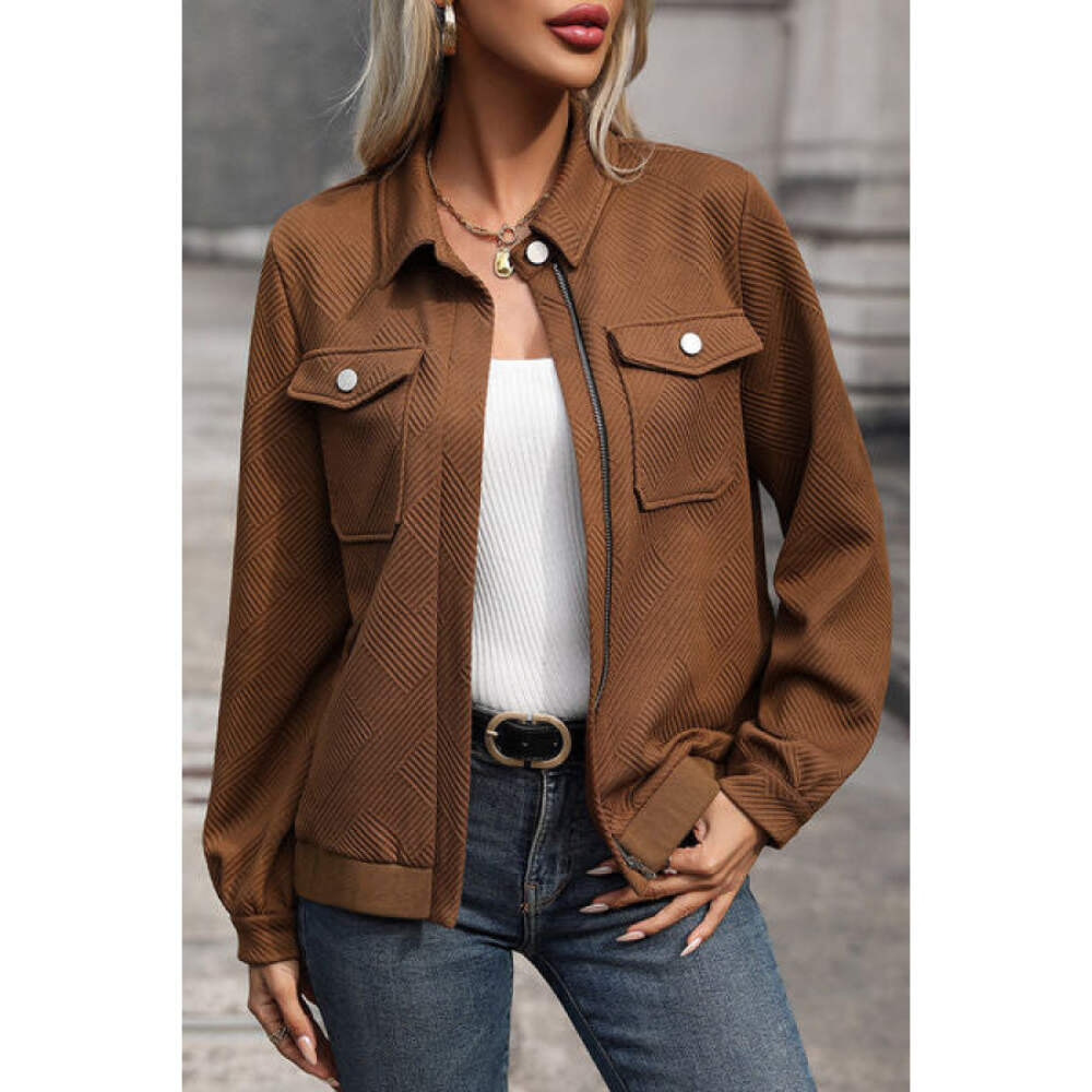 Textured Zip Up Collared Neck Jacket