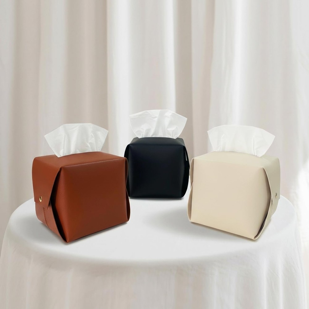 Square Leather Tissue Box Organizer - Versatile for Bathroom, Vanity & Desk