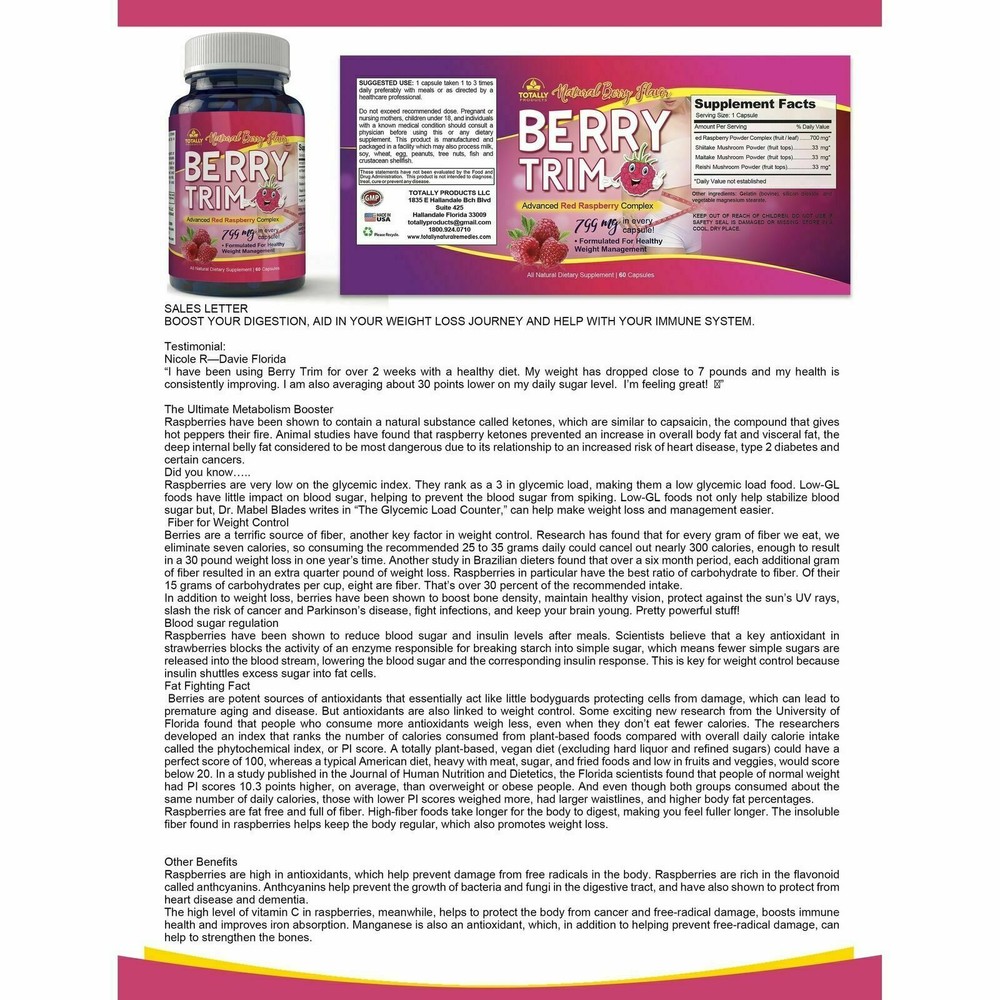 Berry Trim Red Raspberry Complex & Acai Berry Weight Management Support 60 Caps
