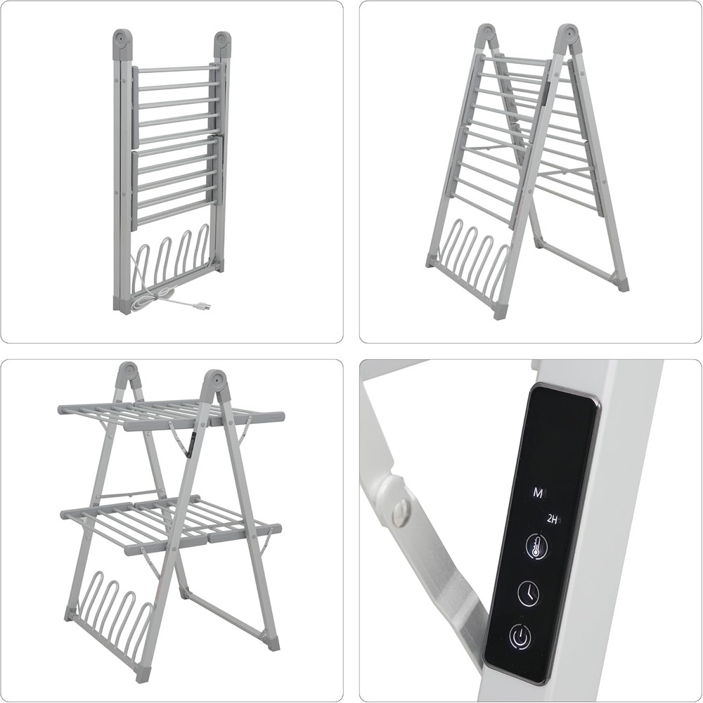 Foldable Electric Heated Clothes Drying Rack with Timer - Silver Gray