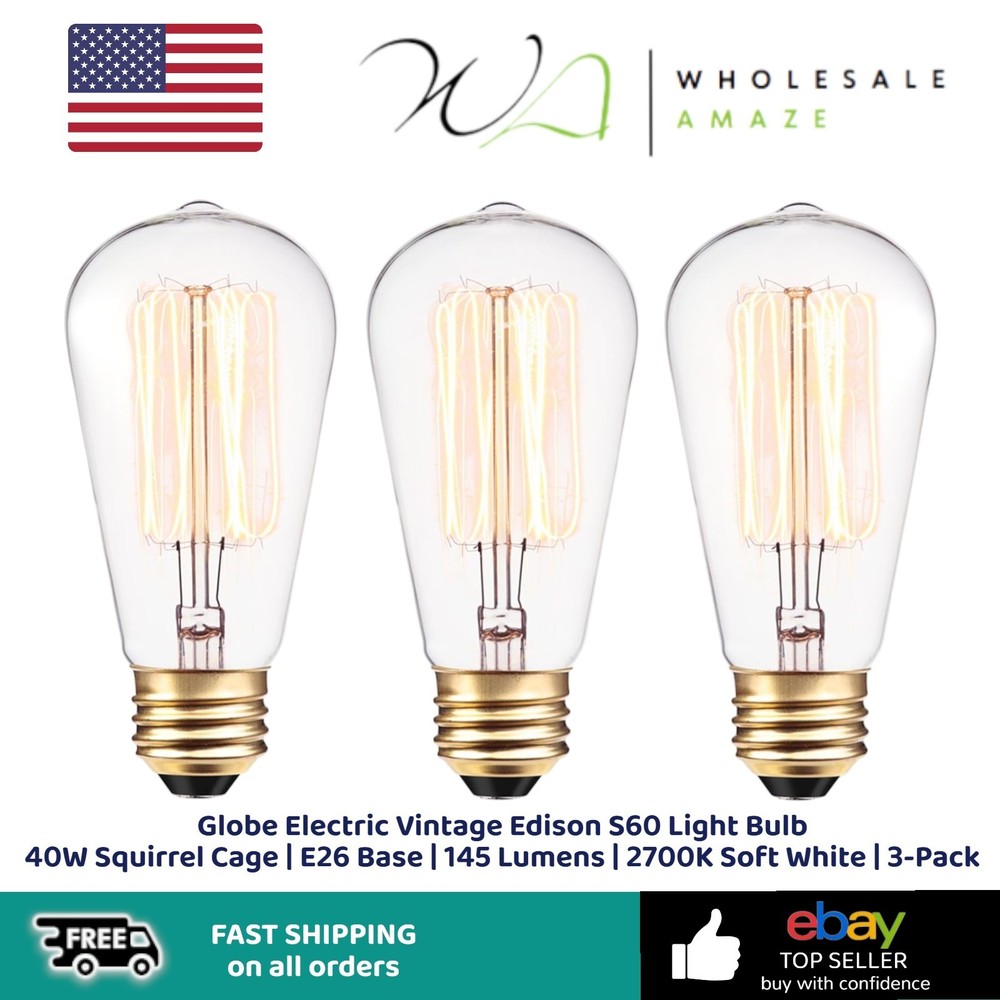 Globe Electric Vintage Edison S60 Light Bulb 40W Squirrel Cage | E26 Base | 145