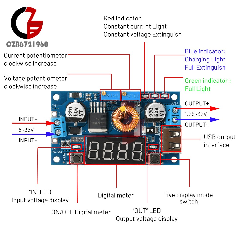 Adjustable 5A CC/CV Power Step-down Charge Module LED Driver W/ USB Voltmeter
