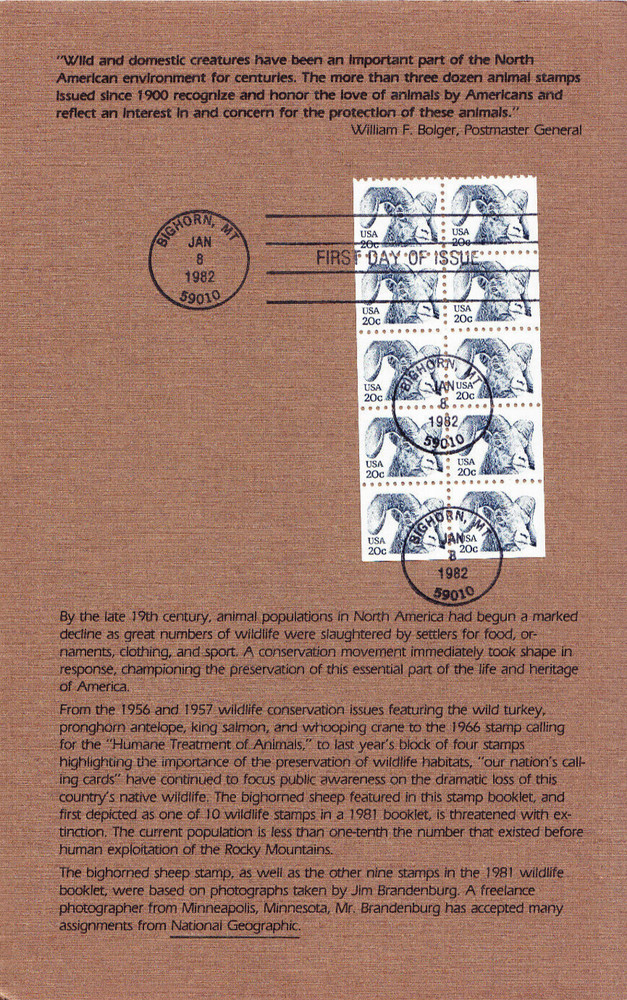 USPS First Day Ceremony Program #1949a Bighorned Sheep Booklet 10 1982
