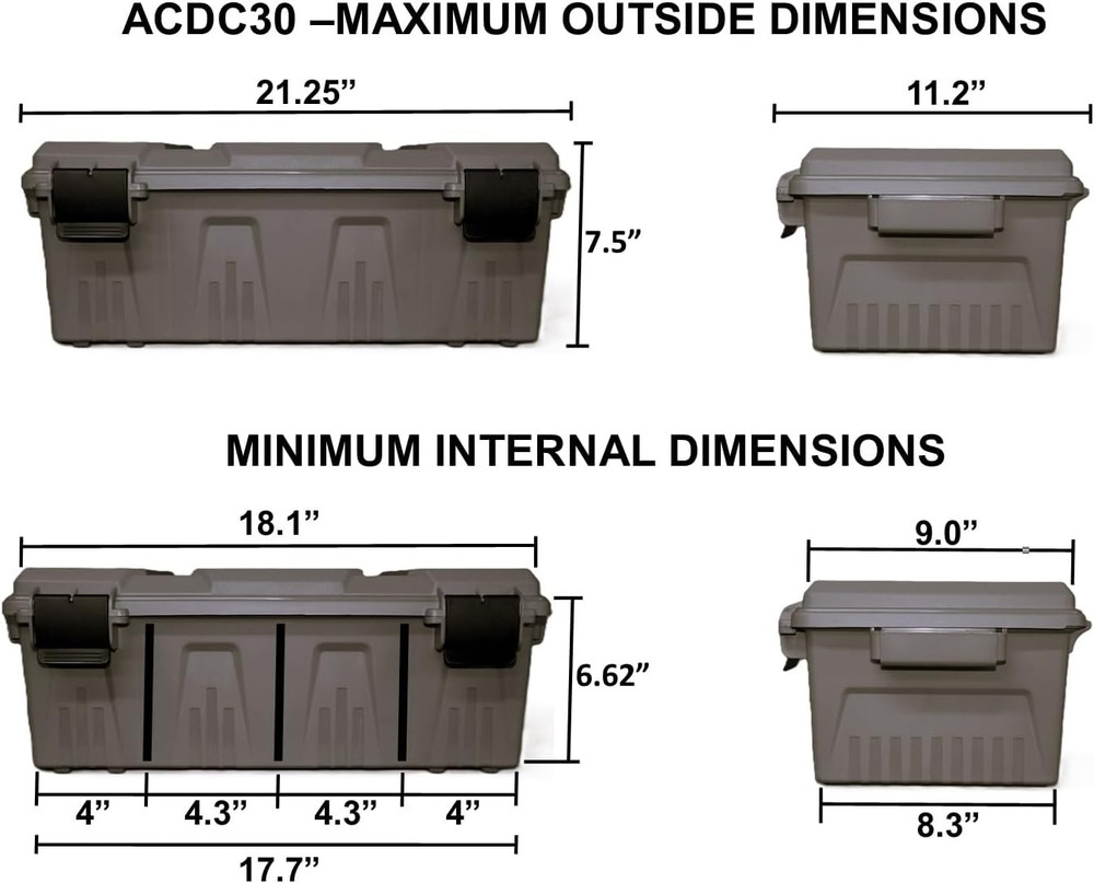 ACDC30, Divided Ammo Crate Utility Box, Water- Resistant, Stackable, Snap Latch,