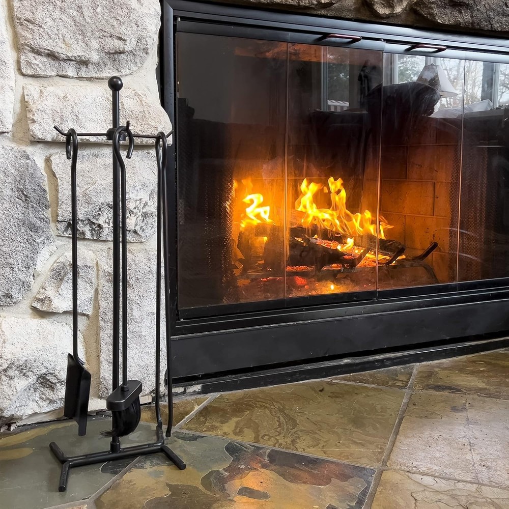 Complete Wrought Iron Fireplace Set - 4 Tools with Easy Assembly and Maintenance