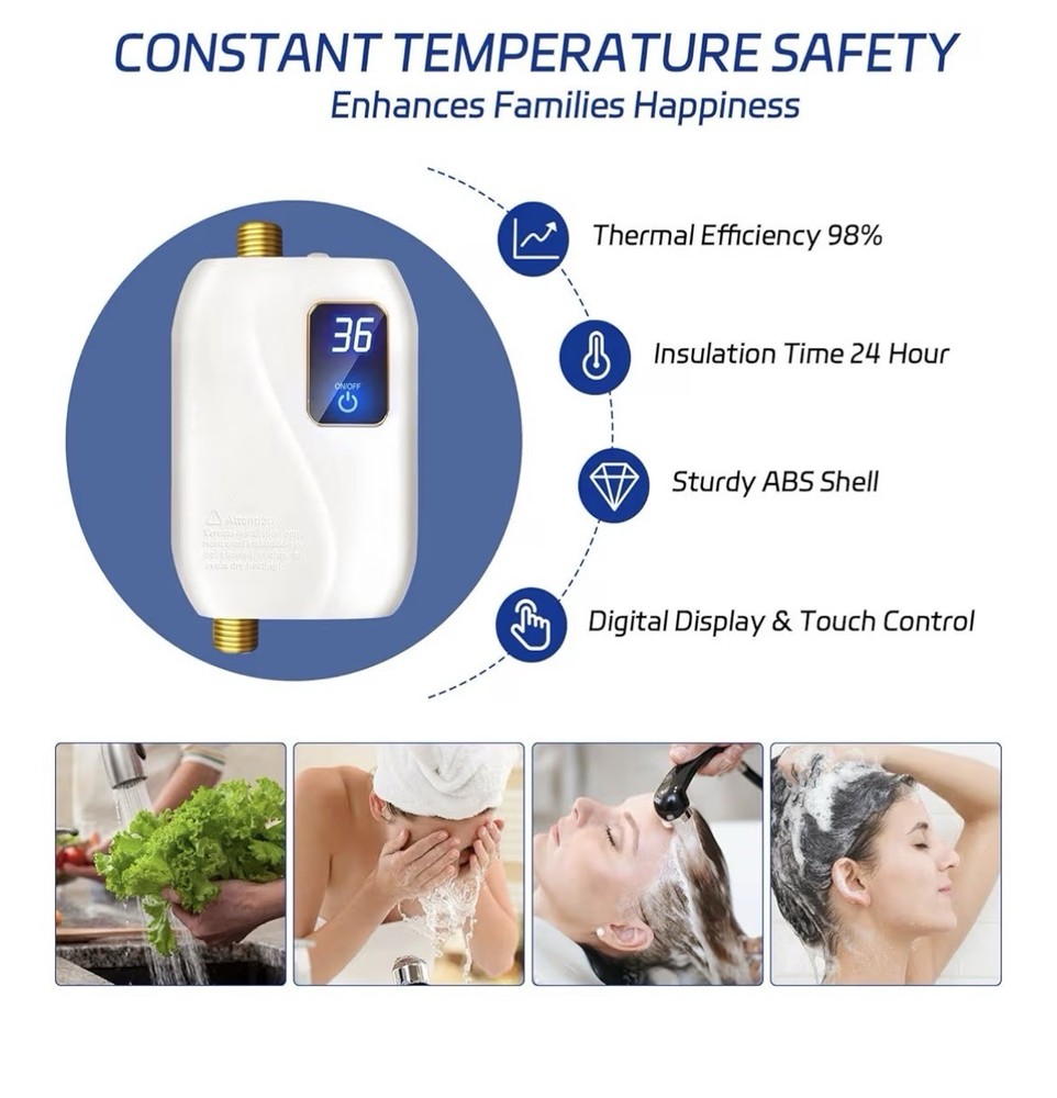 3000W Mini Instant Electric Tankless Water Heater, Digital Display, 110V, 1/2" …
