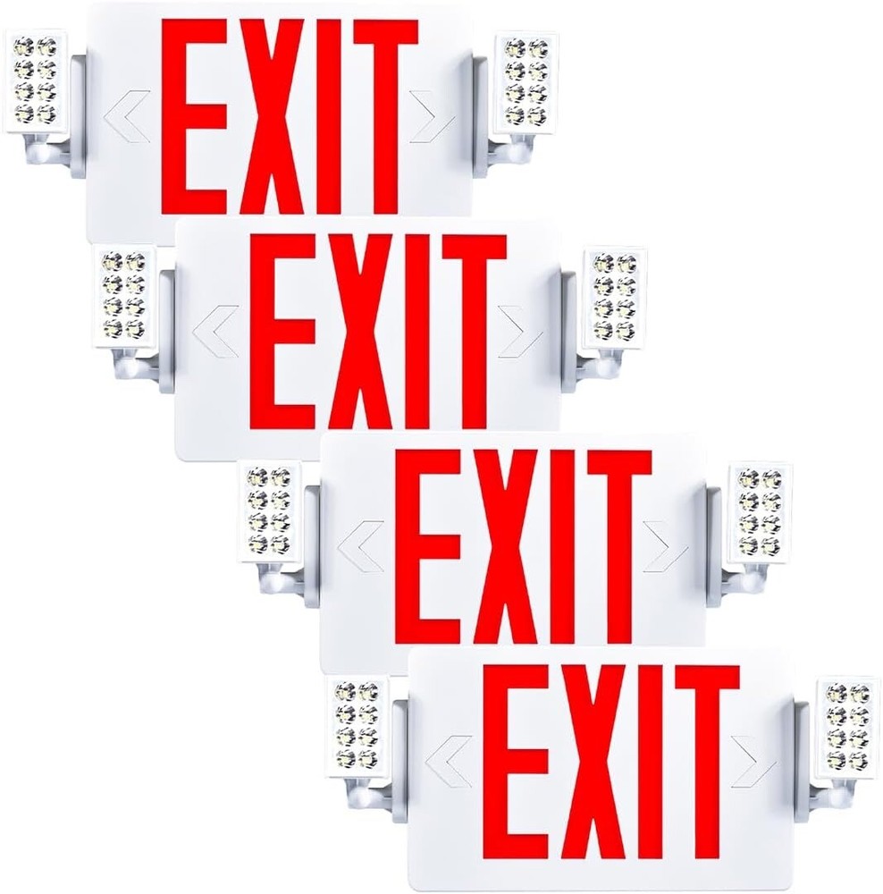 4 Pack LED Exit Sign Emergency Light–Hi Output RED Compact Combo UL 924 Listed