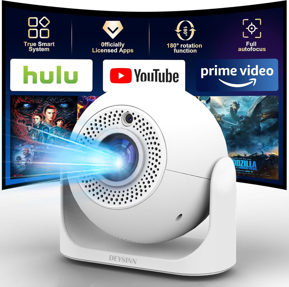 Smart Mini Projector with Wifi & Bluetooth, 4K Support 180° Rotatable Auto Focus