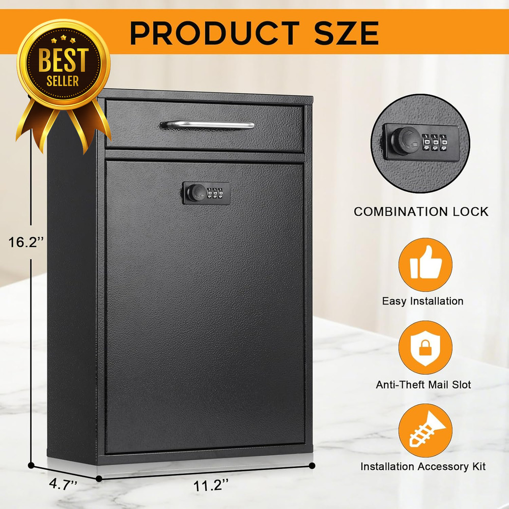 Wall Mount Locking Mailbox Combination Security Key Drop Box XL Black