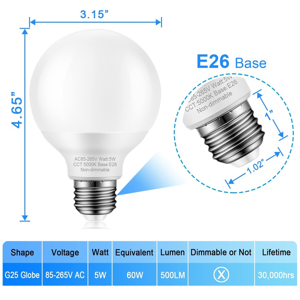 4-Pack Daylight Bathroom Light Bulbs, 60 watt Equivalent, E26 Medium Base, G25