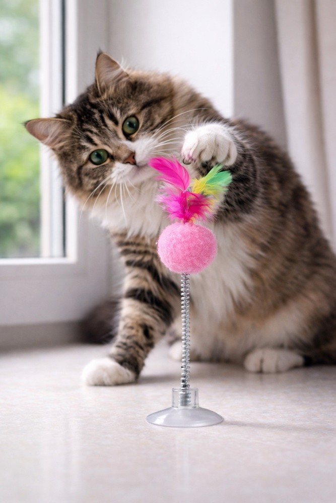 Interactive Cat Toy with Suction Cup 3 Pack | Keeps Cats Busy |Spring Toy