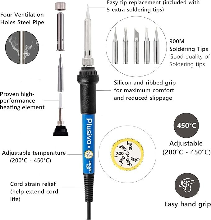 Soldering Iron Kit 60W, 5pc Replaceable Tips, Stand, Fast Heating