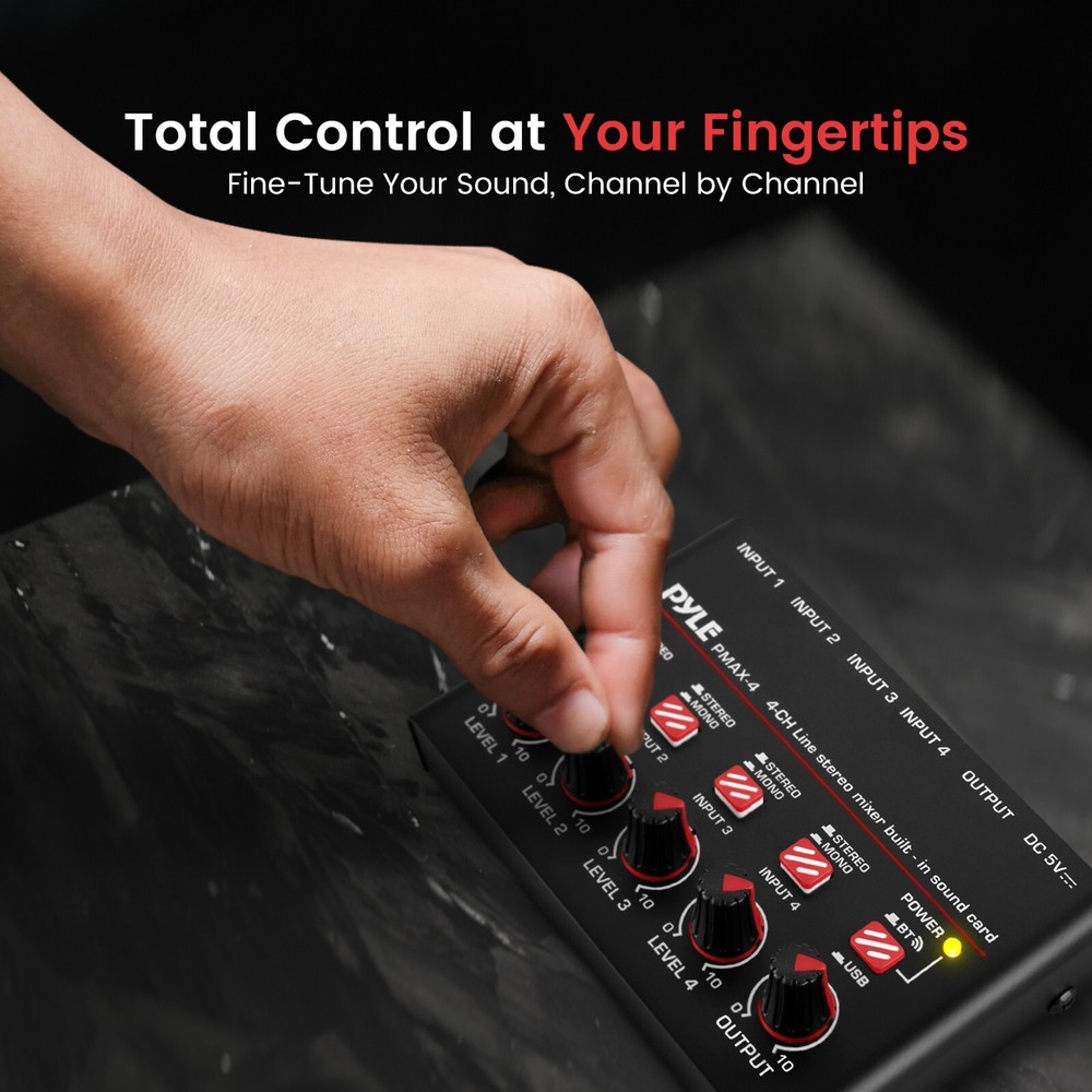 Pyle 4-Channel Wireless BT Streaming Mini Line Mixer w/ USB Audio Interface