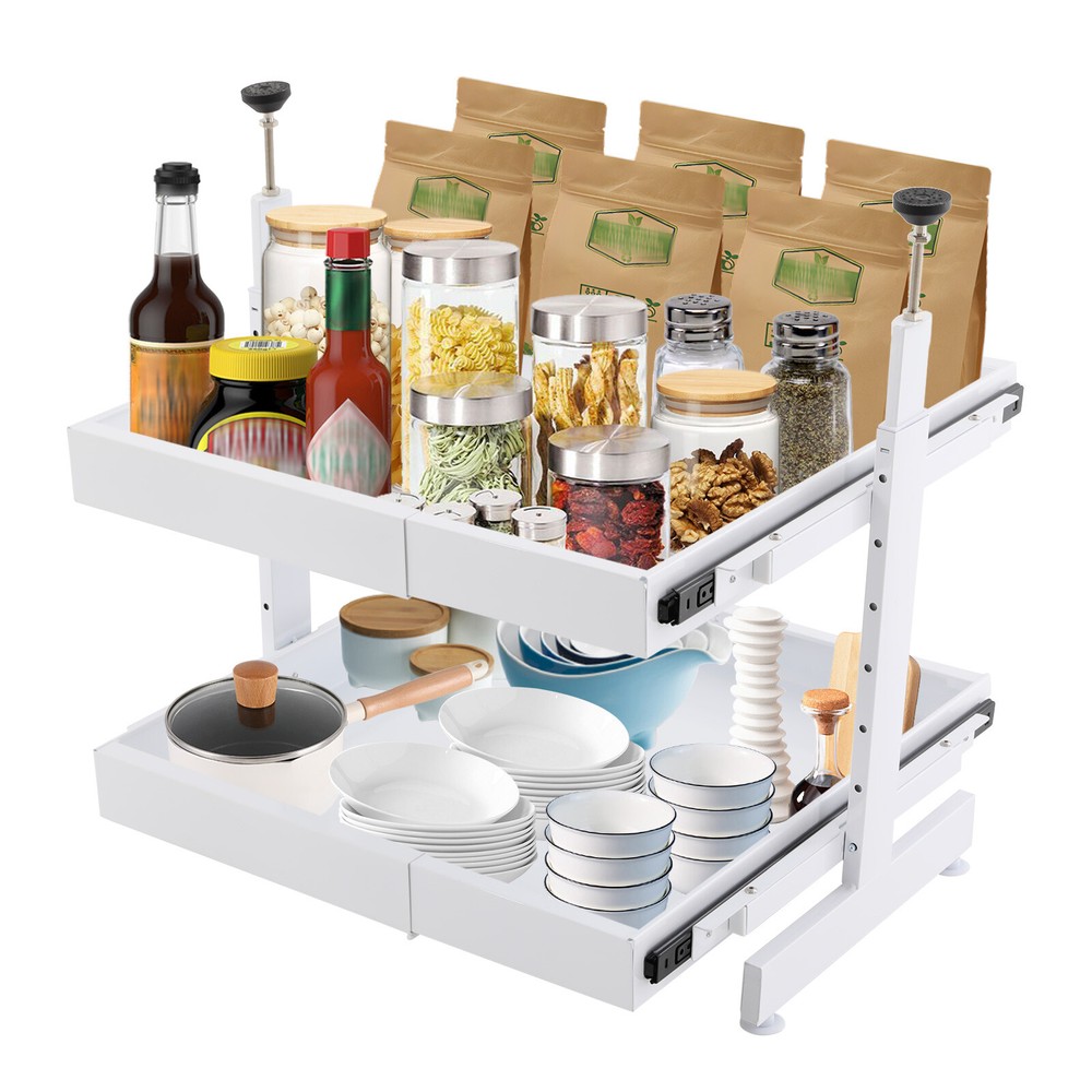 2-Tier Expandable Pull-out Cabinet Slide Out Organizer Drawers for Cabinet White