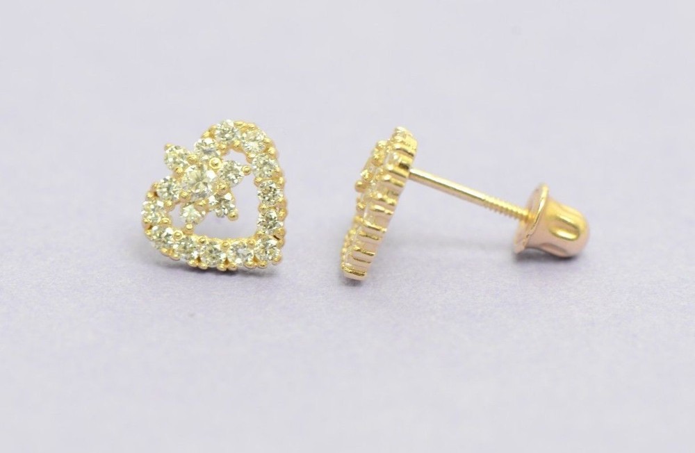 14K Yellow Gold Stud Heart Shape CZ Stud Earrings