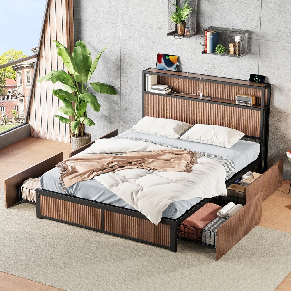 Queen Size Platform Bed Frame w/ 4 Drawers & Storage Headboard & USB Ports