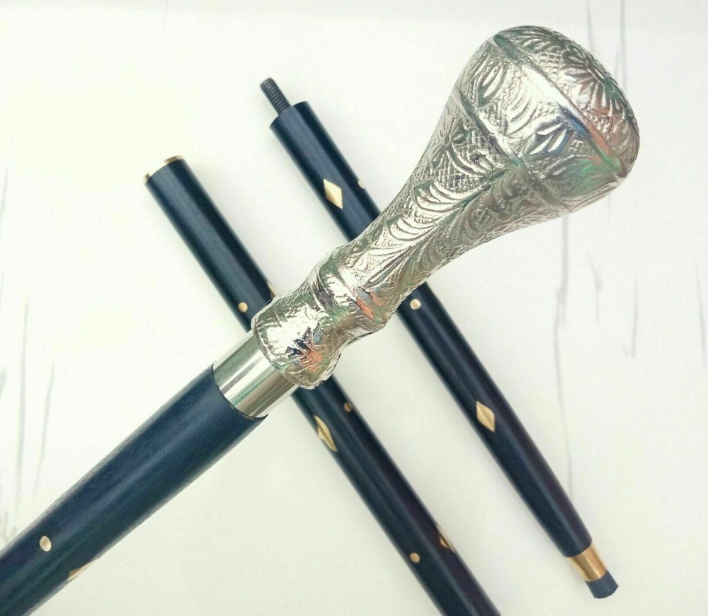 Vintage Luxury Wooden Walk Stick Cane Silver Solid Handle Craved Support Ca
