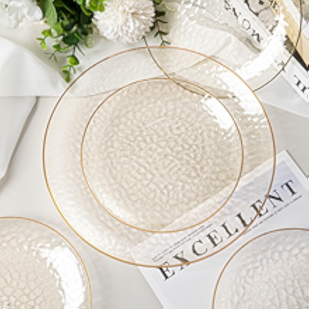 Clear Plastic Plates with Gold Rim, Includes Dinner Plate 10” and