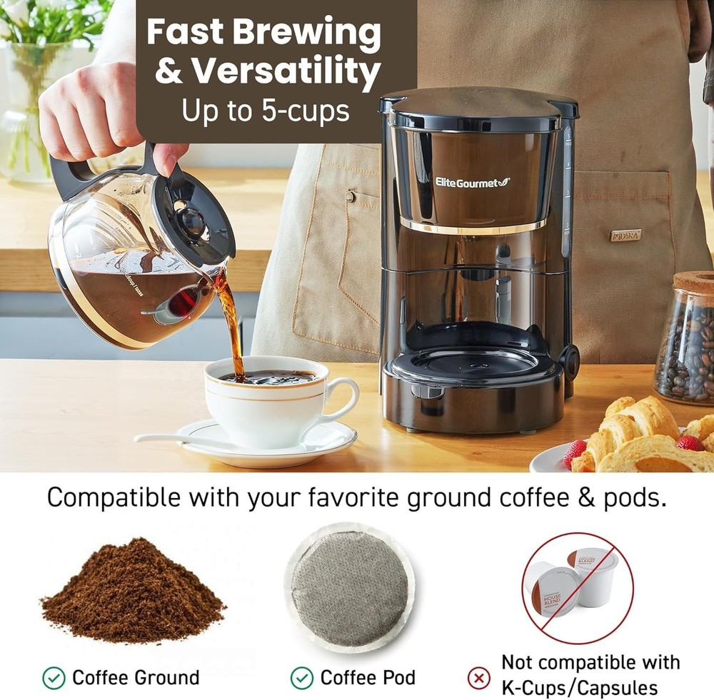 Compact 5-Cup Brew & Drip Coffee Maker with Reusable Filter and Water Indicator