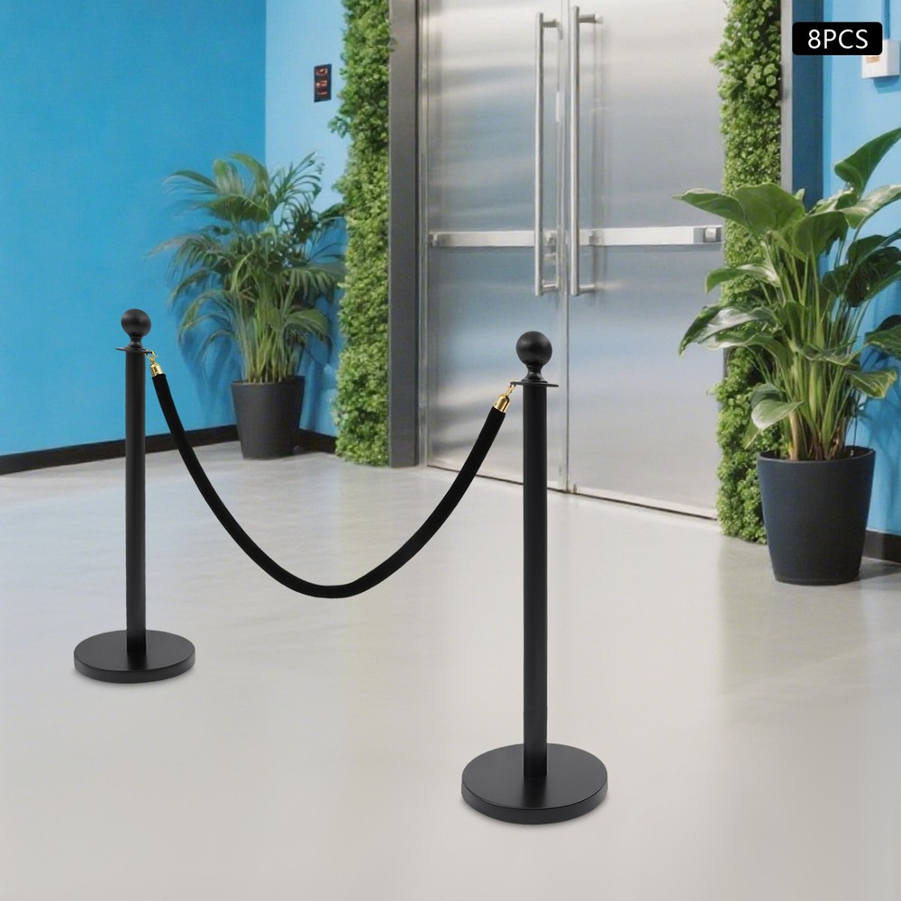 8PCS Stanchion Posts Queue Pole Black with 4 1.5M Ropes Crowd Control Barrier