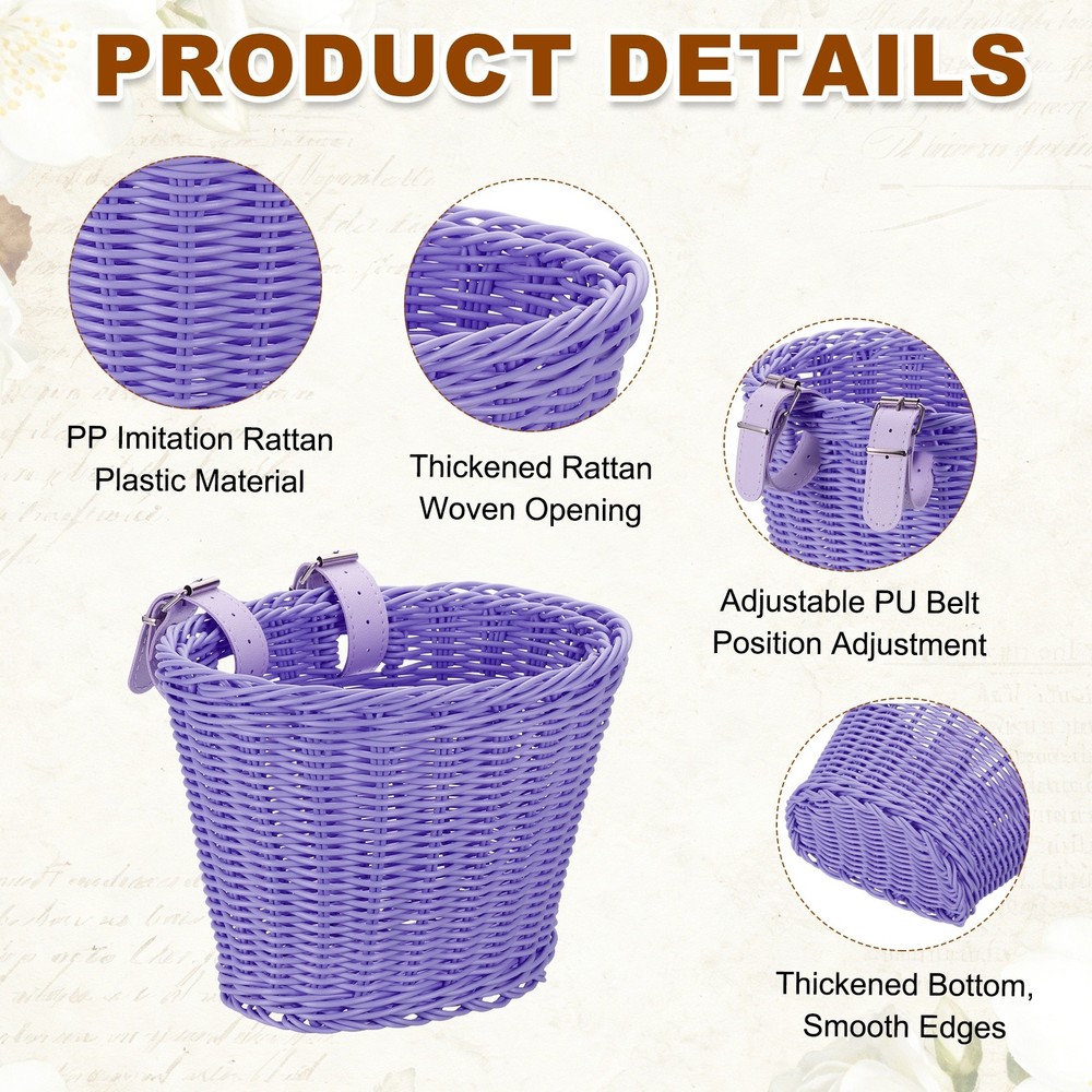 Handwoven Wicker Rainbow Bicycle Basket with Adjustable, Purple