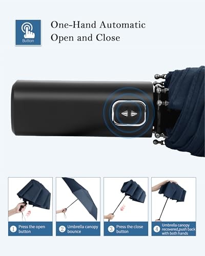 Windproof Travel Umbrella, Automatic Folding Compact Lightweight HS02-BLUE
