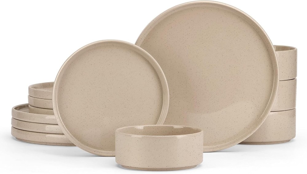 12Pc Stoneware Dinnerware Set for 4 Speckled Khaki Plates Bowls