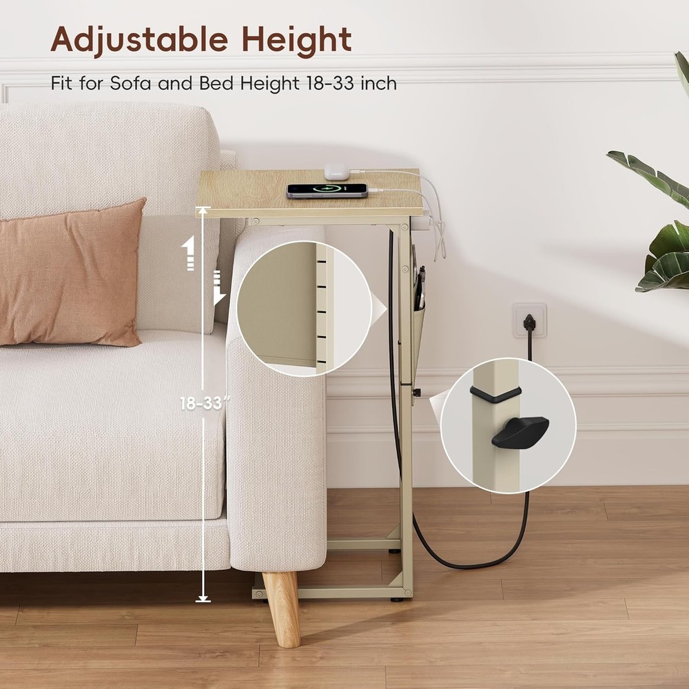 C Shaped End Table W/ Charging Station Adjustable Height C Table End Table Small