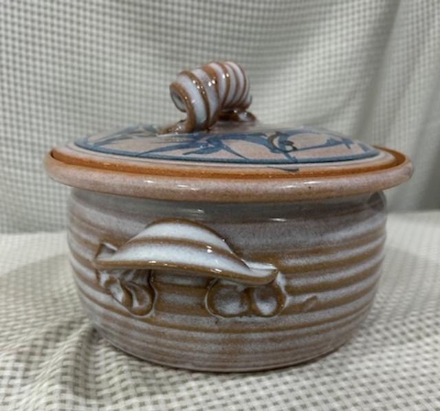 Studio Art Pottery Signed 8” Diameter Crock With Lid Curly Handle