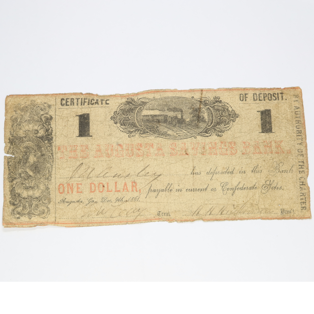 1861 AUGUSTA GEORGIA - $1 One Dollar Note #45653F