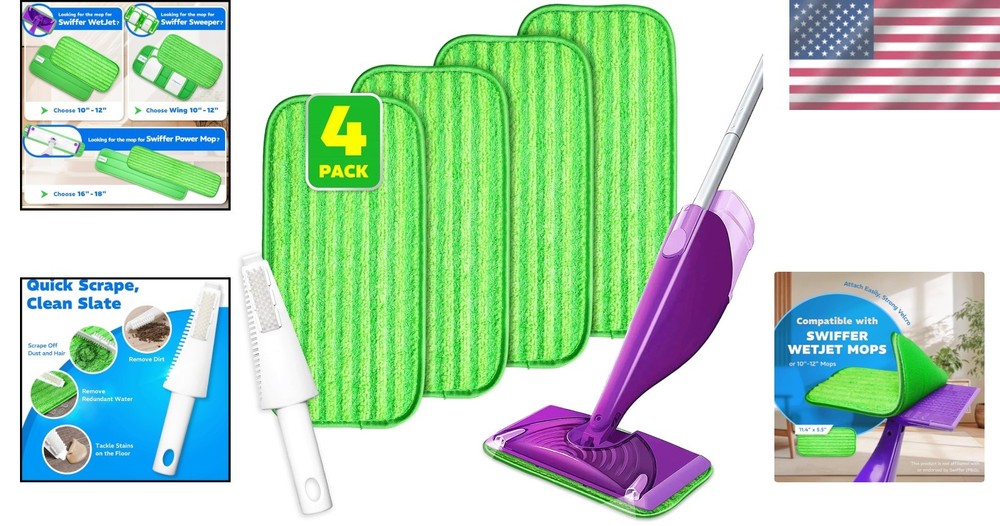 All-in-One Mop Pads Set - 4 Pack Microfiber with Scraper for Efficient Cleaning