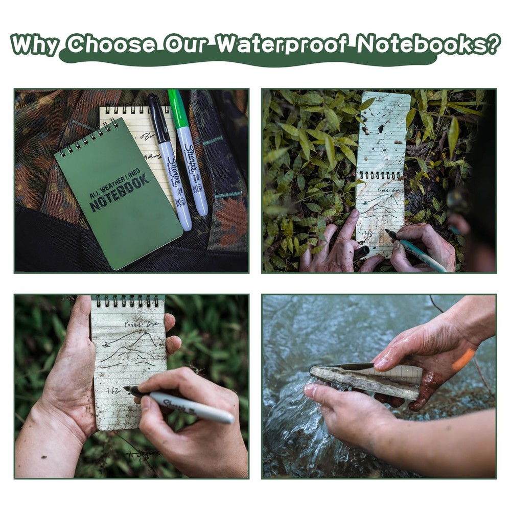 10 Pack Waterproof Notebook, All-Weather Pocket Sized Tactical Notepad, Top S