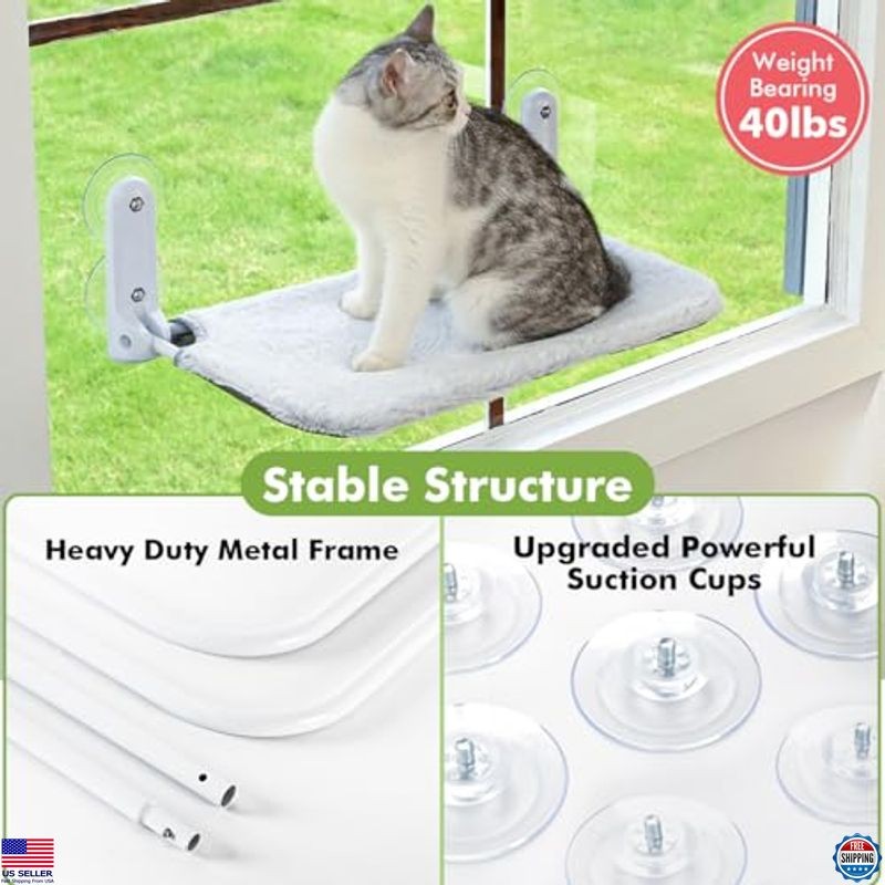 2PC Cat Window Perch Cordless Foldable Cat Hammock Bed for Window with Metal