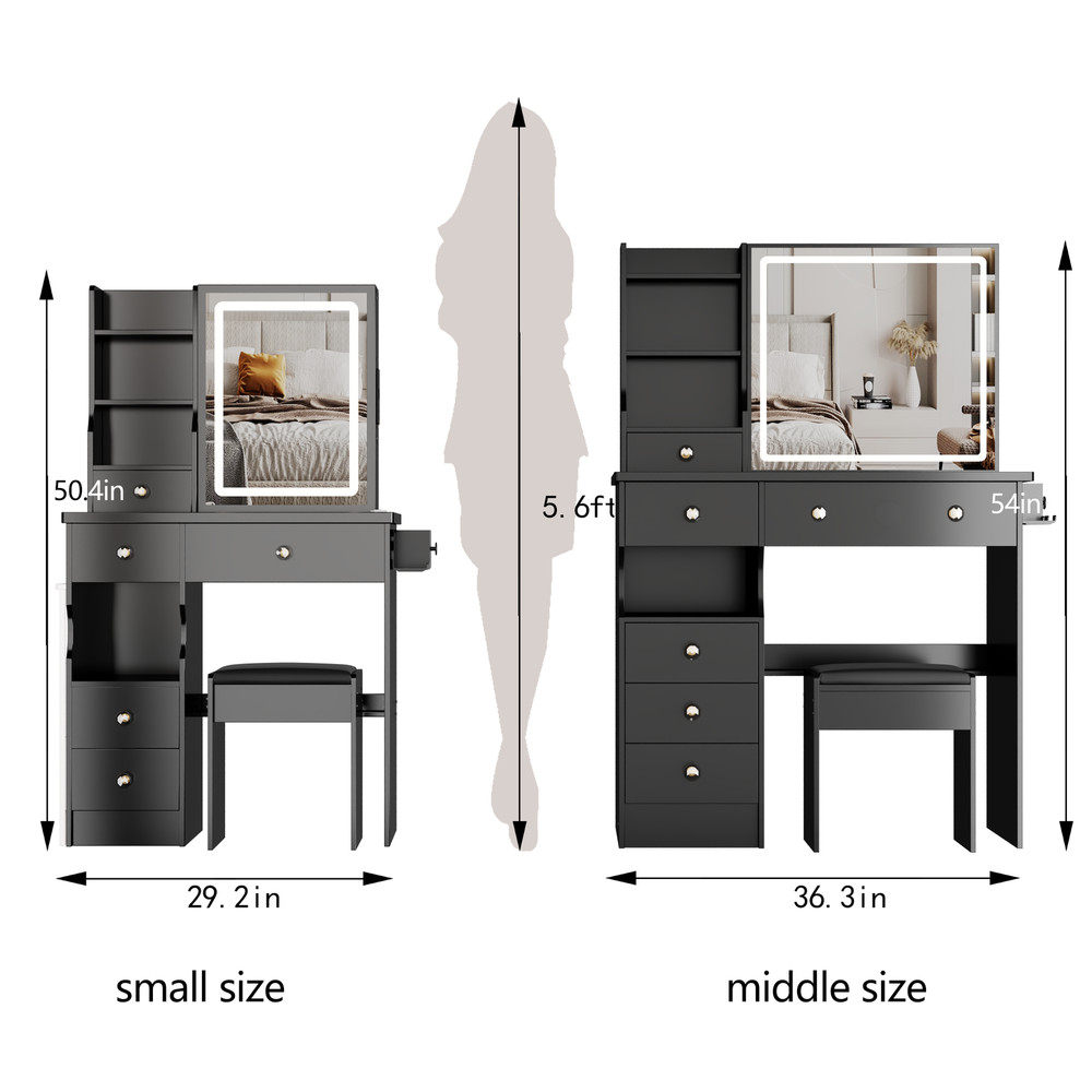 29.2" Small Size Left Drawer Desktop Vanity Table + Cushioned Stool, 2 AC+2 USB