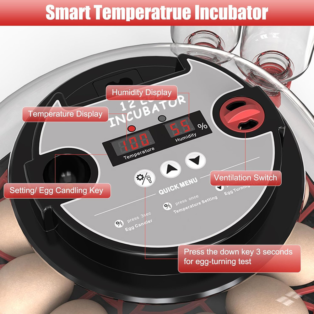 12 Egg Incubator with Temperature Control, Humidity Display, Automatic Egg Turne