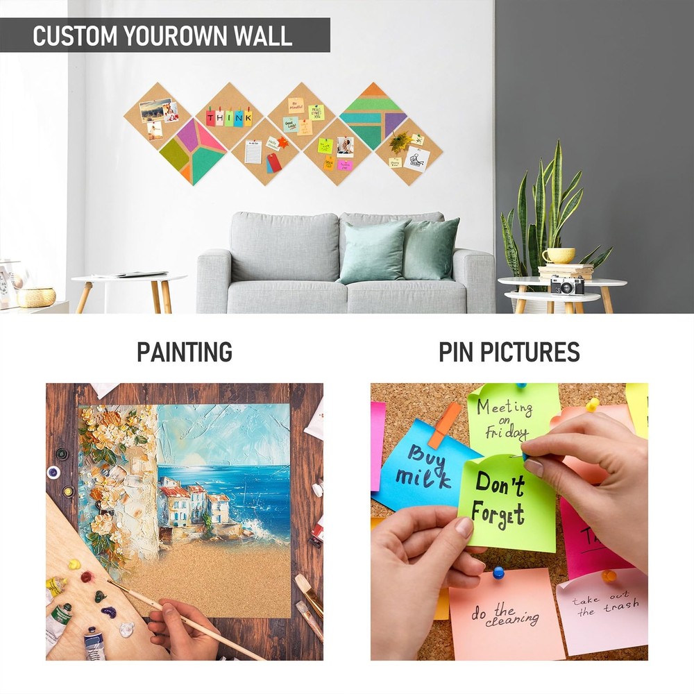 4 PCS Square Cork Board Tiles Self Adhesive Small Wall Decorative