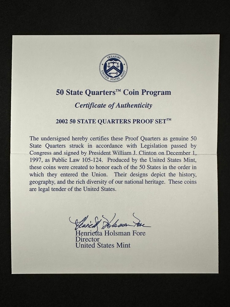 2002-S US Mint 50 State Quarters Proof Set | 5 Coins | Original Packaging/CoA