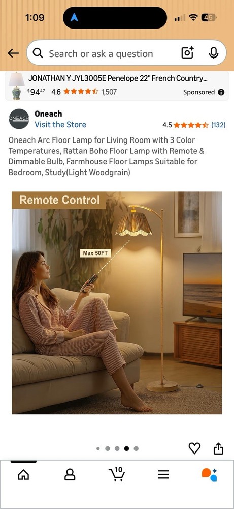 Oneach Arc Floor Lamp with Remote Control Three Colored Temperature