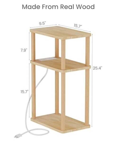 Solid Wood Side Table with Charging Station, 3-Tier Small End Table Natural