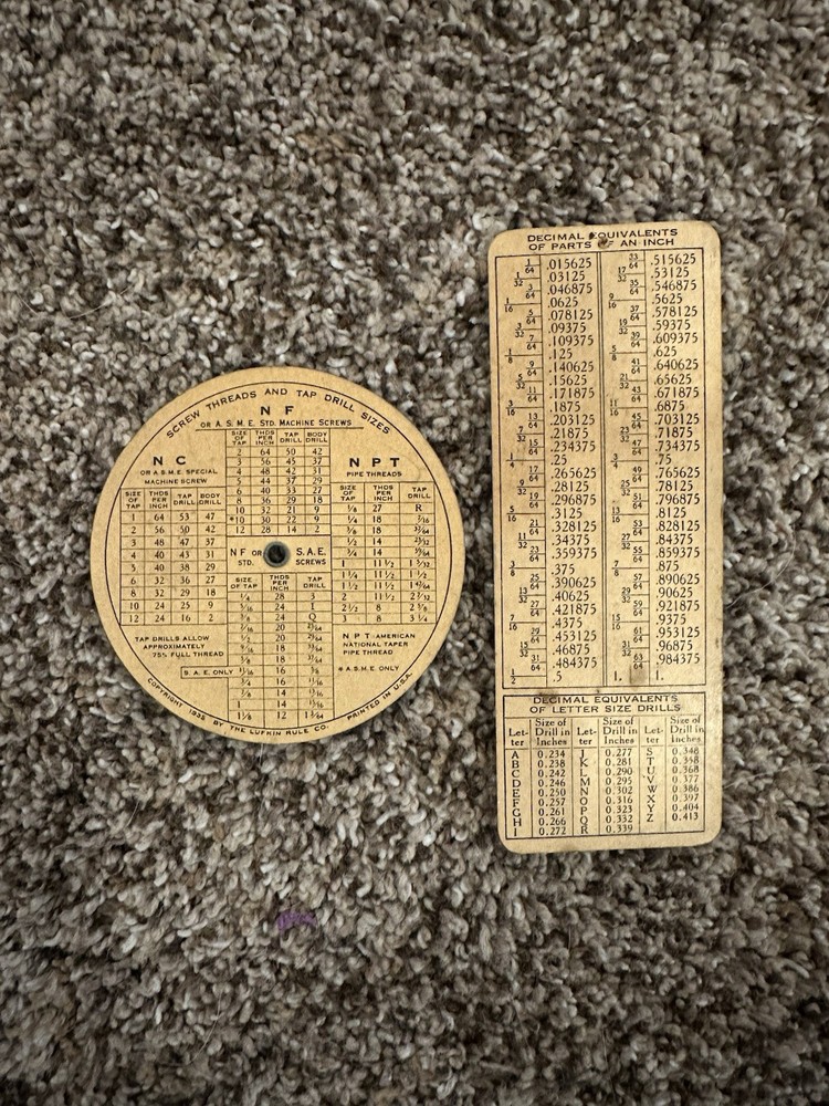 Vintage LUFKIN TOOLs Screw Threads Wheel Chart & LUFKIN Decimal/Drill Chart
