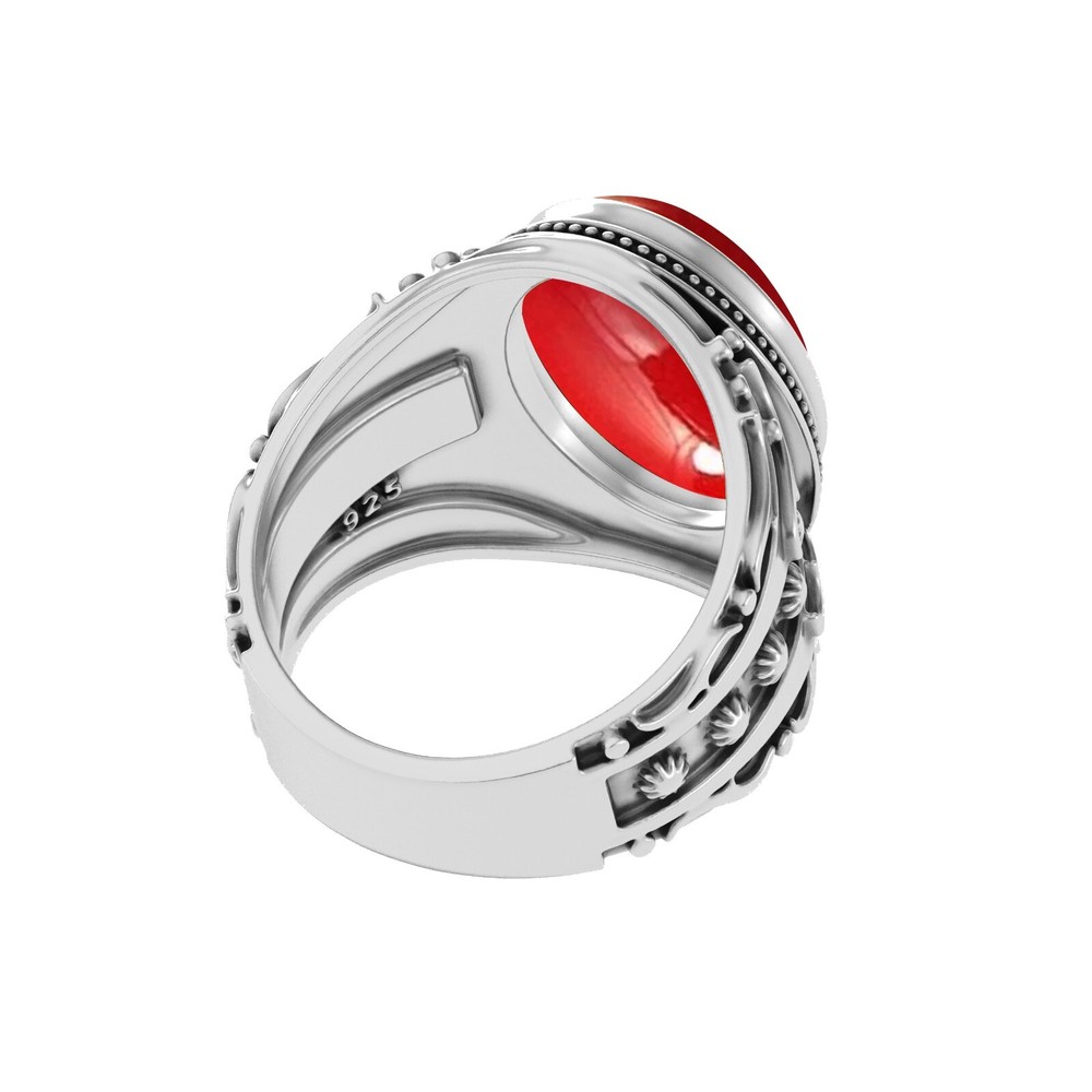 Solid 925 Sterling Silver Coral Gemstone Handmade Oval Ring For Men