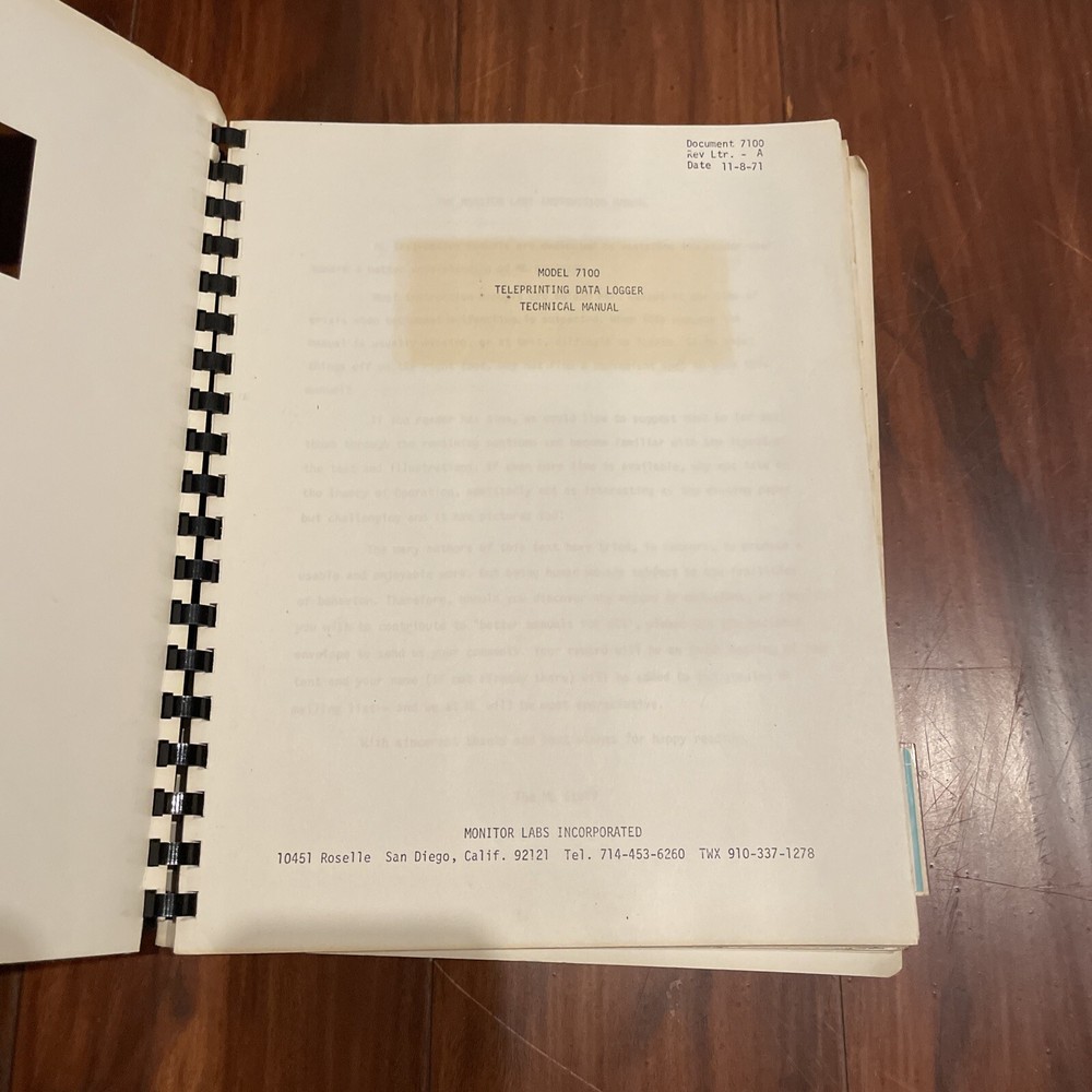 Monitor Labs Model 7100 Teleprinting Data Logger Technical Manual